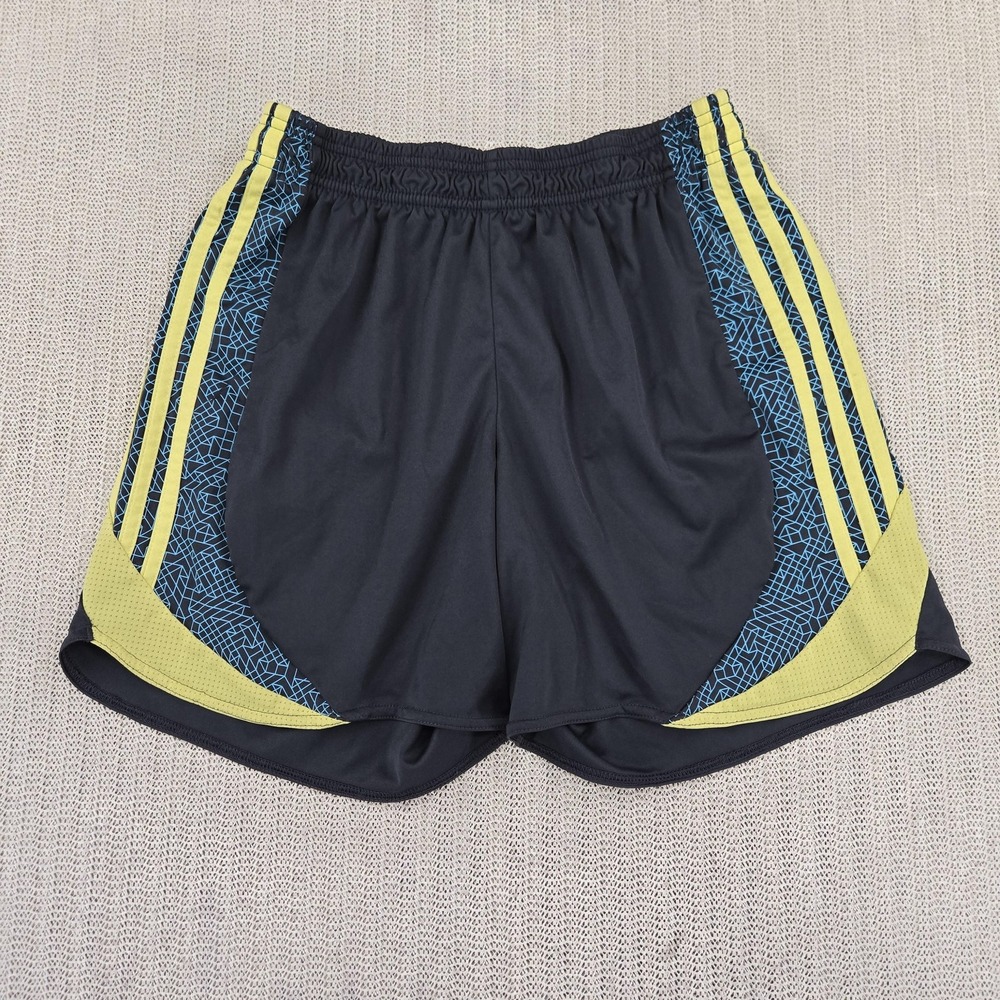 Adidas Running Shorts Womens Medium Black Yellow 3 Stripe Graphic Athletic Gym